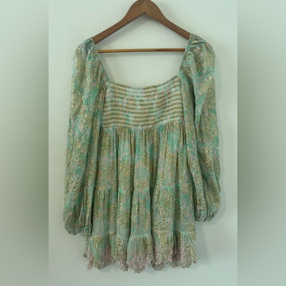 HEMANT & NANDITA Sidra Mini Dress Metallic Babydoll Flowy Sleeves XS ^FLAW* - Picture 2 of 11